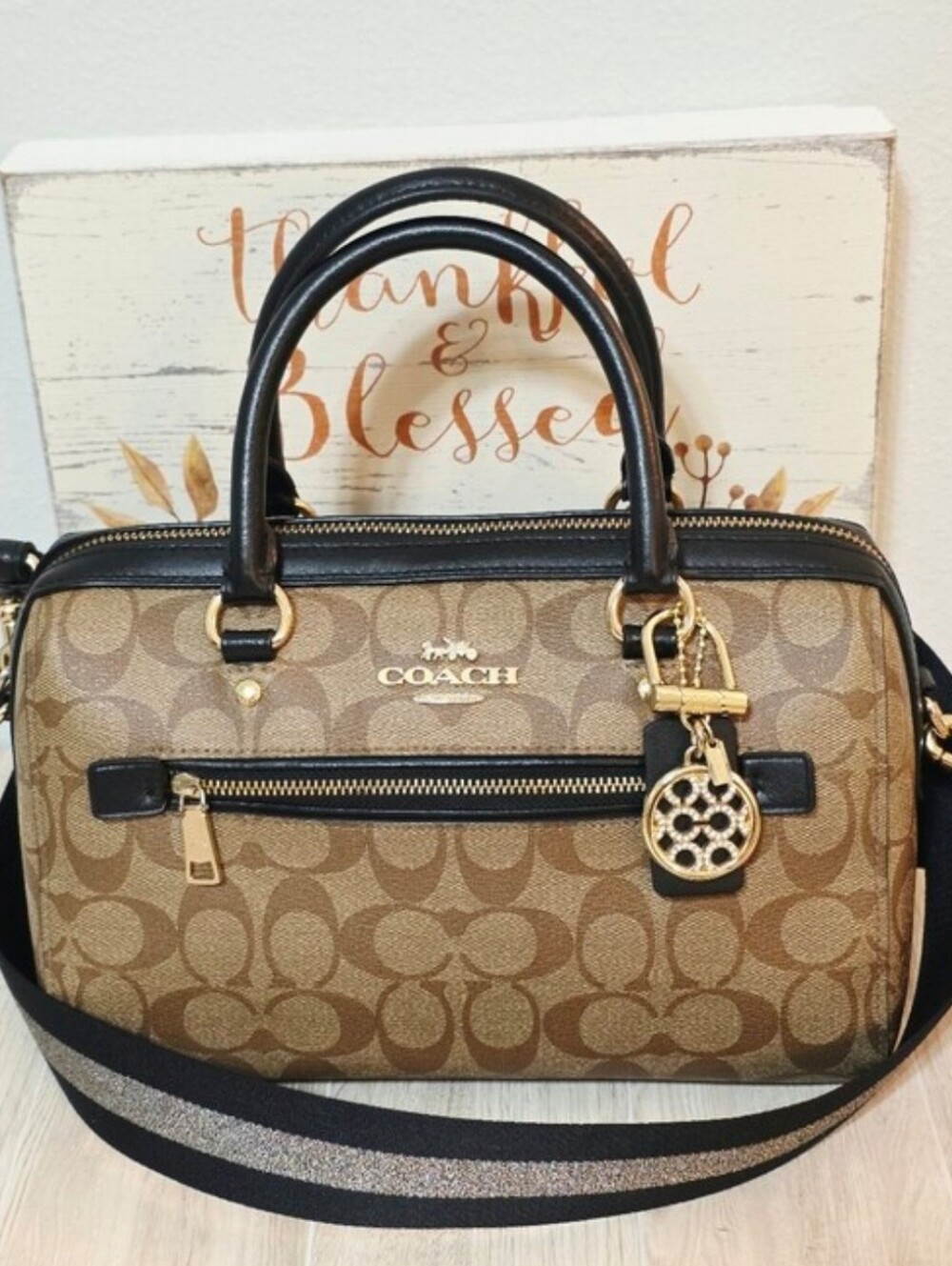 Coach Rowan Black Khaki Crossbody Bag Purse Thick Strap Shoulder + Keychain Fob
